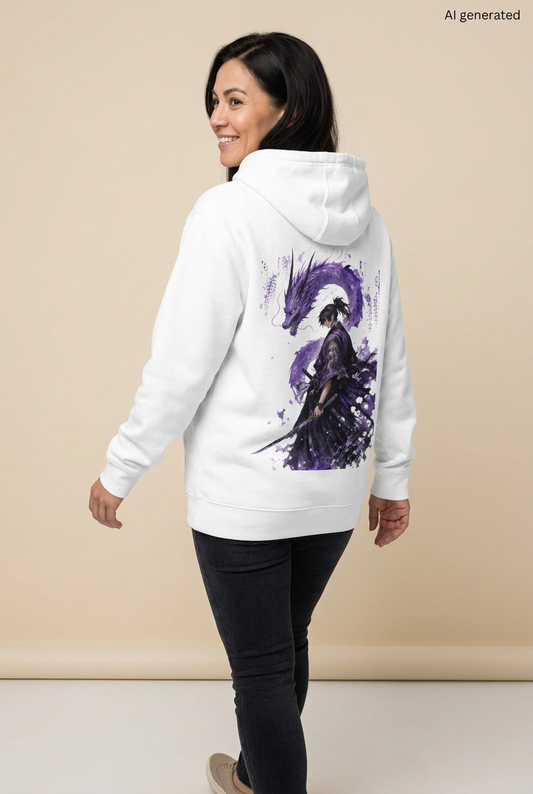 Frau blickt über die Schulter und zeigt das violette Samurai-und-Drachen-Motiv auf ihrem weißen Hoodie. KI-generiertes Mockup.