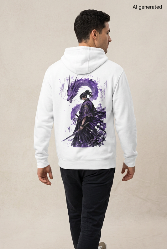Männer-Mockup: Mann in Rückenansicht mit weißem Purple-Samurai-Hoodie und violettem Samurai-und-Drachen-Motiv vor beigem Hintergrund. KI-generiertes Mockup.