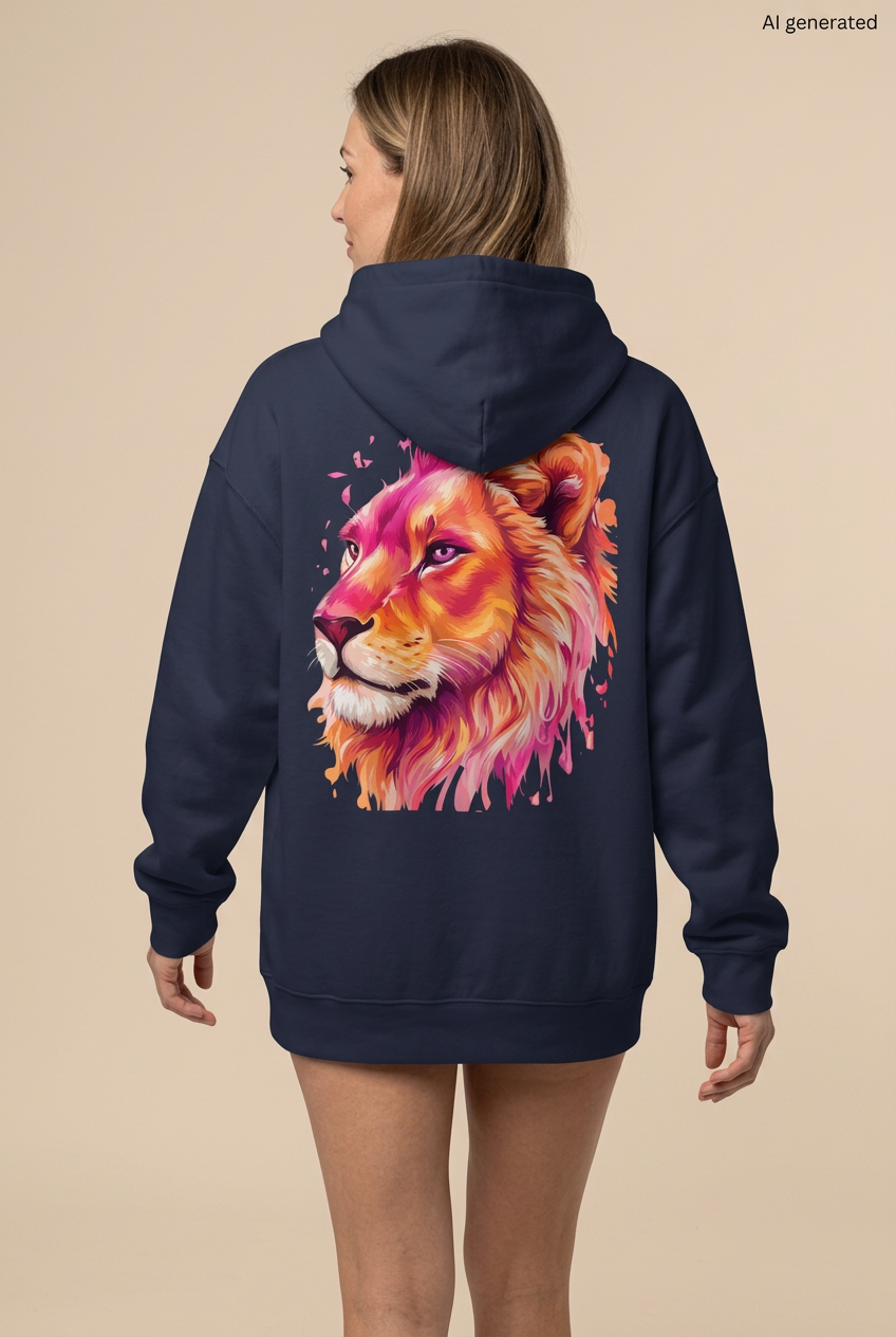 Frau in Rückenansicht mit dunkelblauem Oversized-Hoodie und großem Löwenkopf in Pink, Orange und Gold. KI-generiertes Mockup.