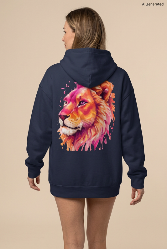 Frau in Rückenansicht mit dunkelblauem Oversized-Hoodie und großem Löwenkopf in Pink, Orange und Gold. KI-generiertes Mockup.