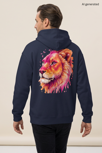 Mann in Rückenansicht mit dunkelblauem Oversized-Hoodie und großem Löwenkopf in Pink, Orange und Gold. KI-generiertes Mockup.