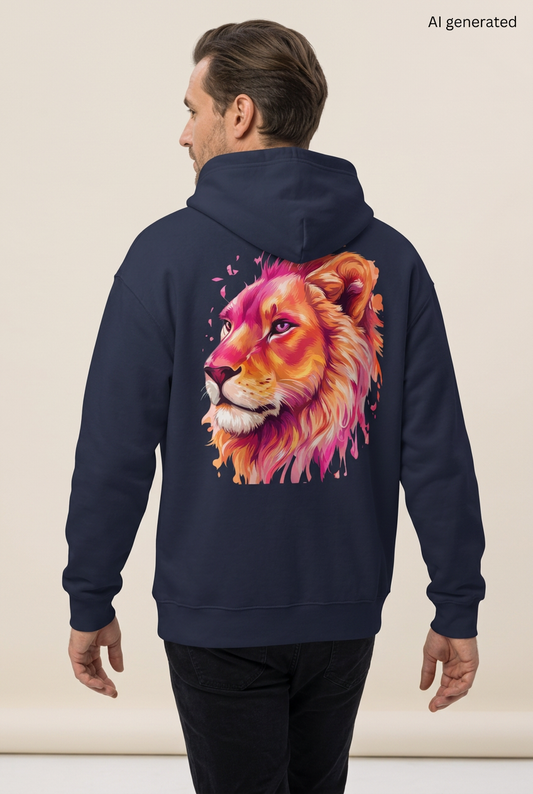 Mann in Rückenansicht mit dunkelblauem Oversized-Hoodie und großem Löwenkopf in Pink, Orange und Gold. KI-generiertes Mockup.