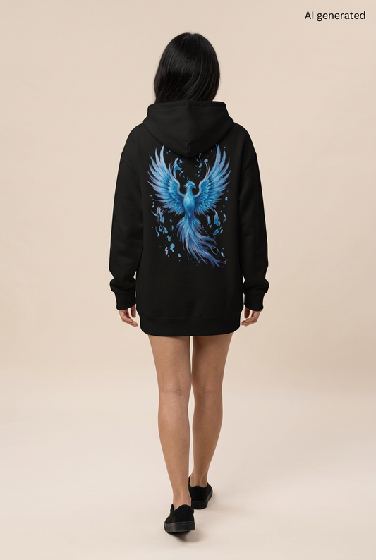 Frau mit schwarzem Oversized-Hoodie, Rückenmotiv eines blauen Phönix mit ausgebreiteten Flügeln und langen Schwanzfedern. KI-generiertes Mockup.