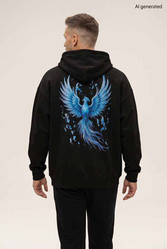 Mann mit schwarzem Oversized-Hoodie, Rückenmotiv eines blauen Phönix mit ausgebreiteten Flügeln und langen Schwanzfedern. KI-generiertes Mockup.