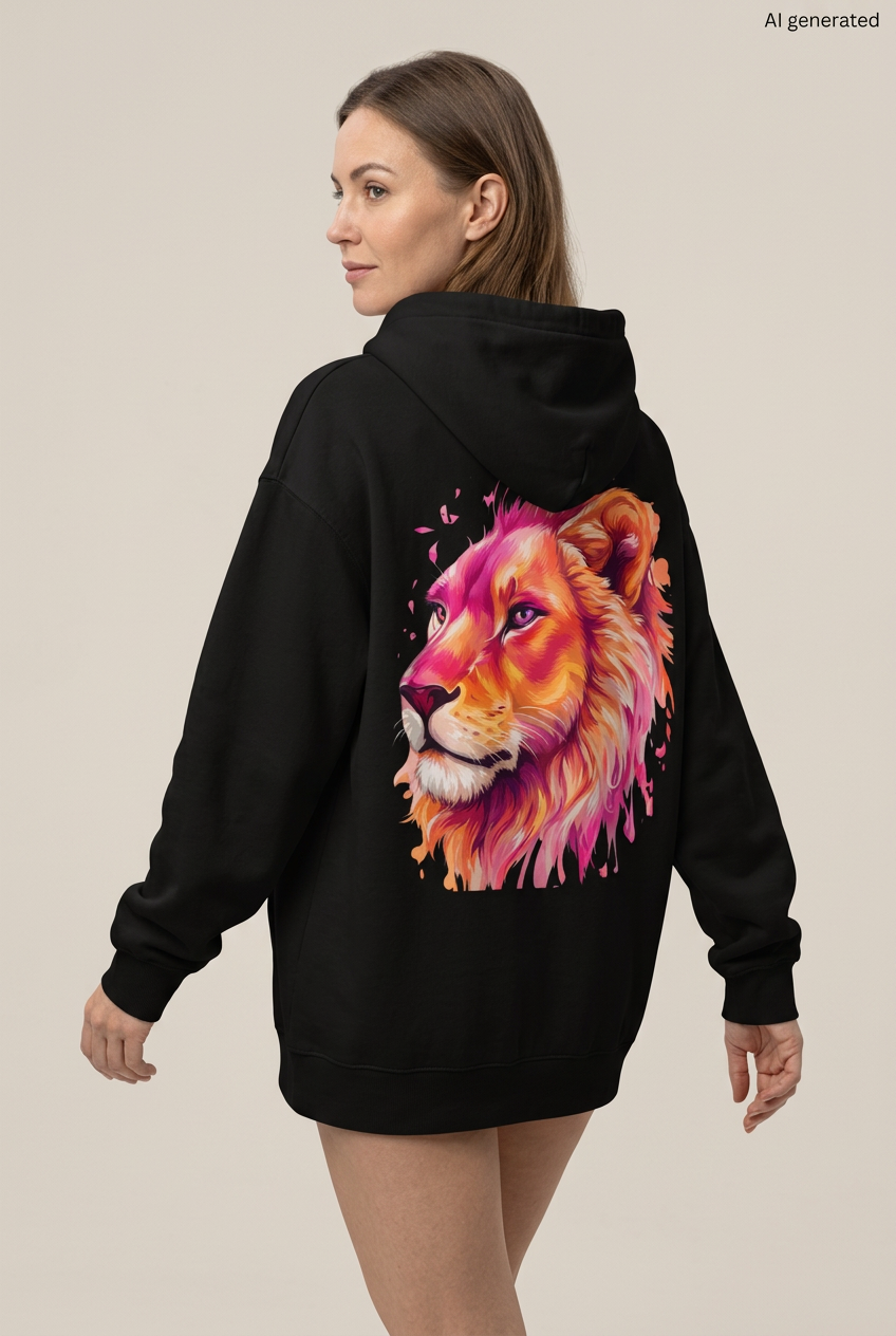 Frau in Rückenansicht mit schwarzem Oversized-Hoodie und großem Löwenkopf in Pink, Orange und Gold. KI-generiertes Mockup.