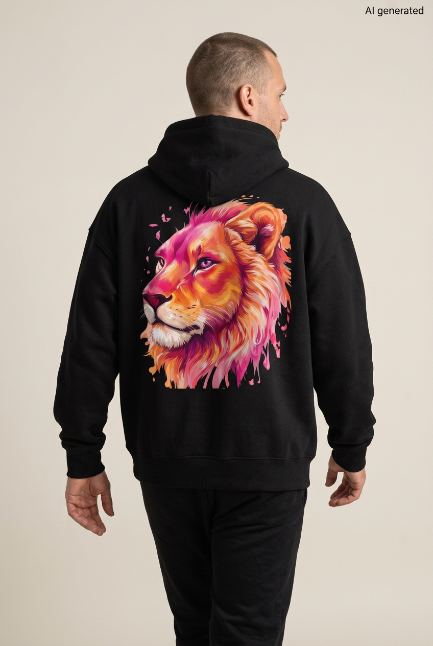 Mann in Rückenansicht mit schwarzem Oversized-Hoodie und großem Löwenkopf in Pink, Orange und Gold. KI-generiertes Mockup.