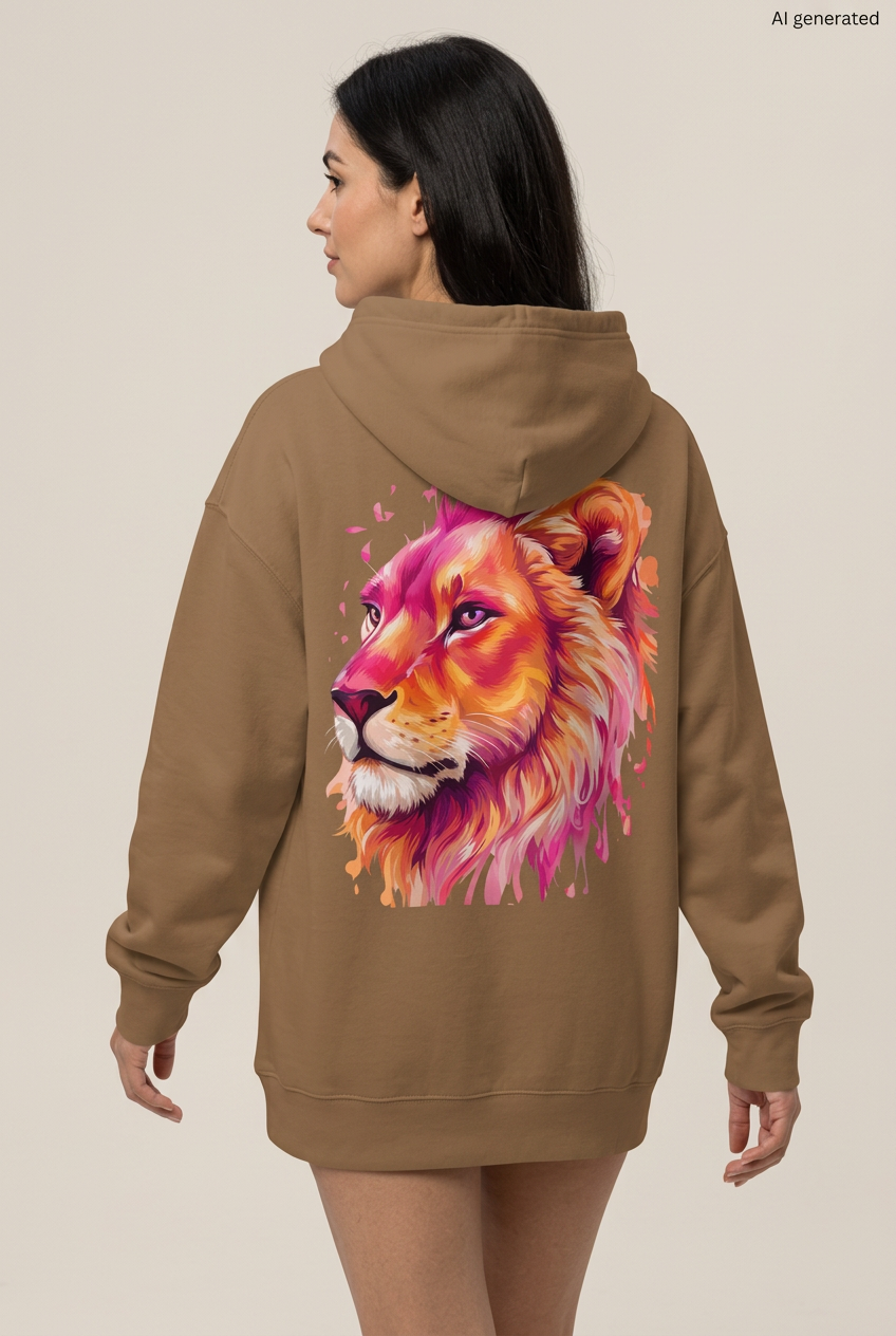 Frau in Rückenansicht mit braunem Oversized-Hoodie und großem Löwenkopf in Pink, Orange und Gold. KI-generiertes Mockup.