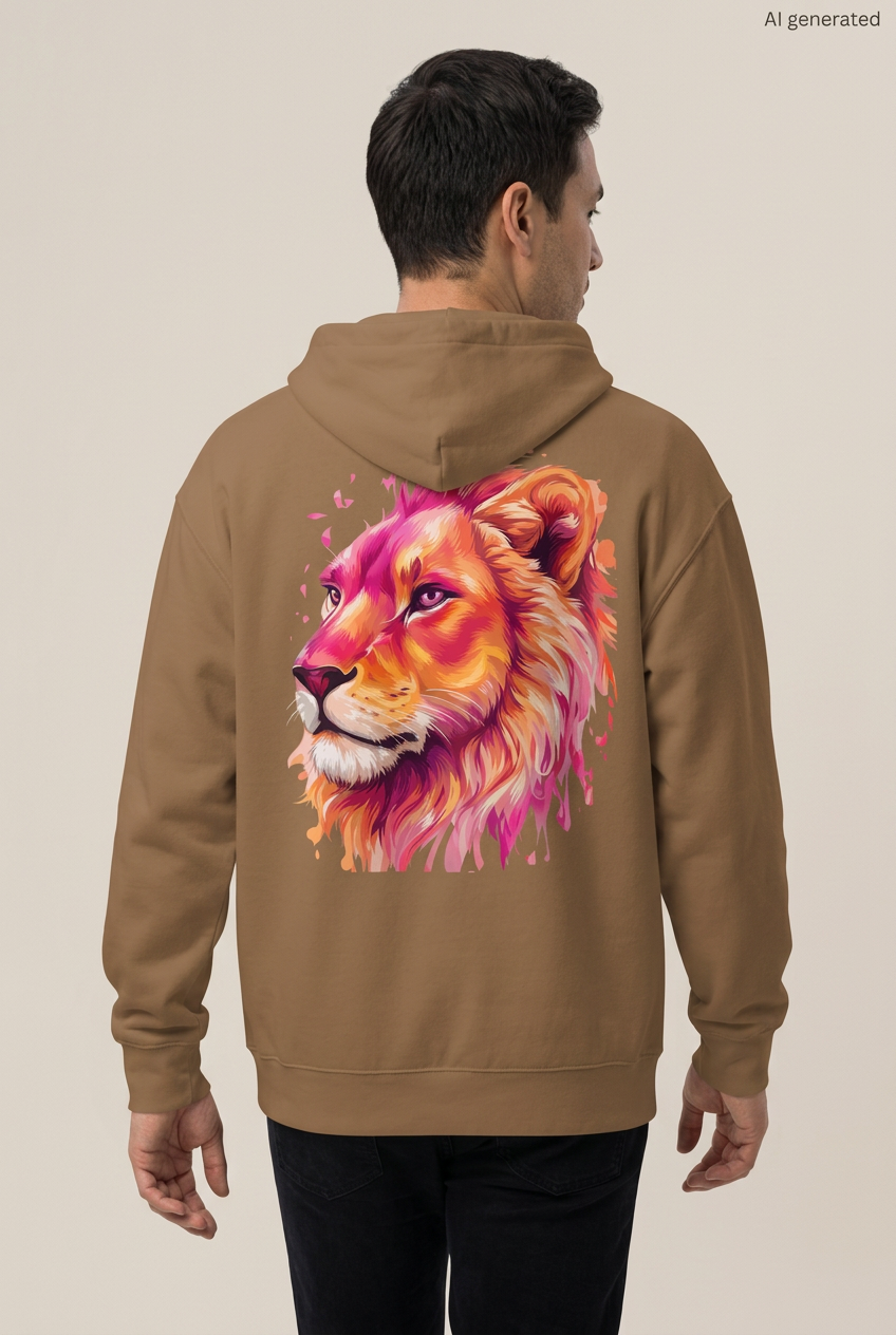 Mann in Rückenansicht mit braunem Oversized-Hoodie und großem Löwenkopf in Pink, Orange und Gold. KI-generiertes Mockup.