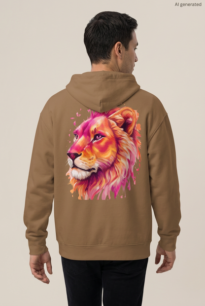 Mann in Rückenansicht mit braunem Oversized-Hoodie und großem Löwenkopf in Pink, Orange und Gold. KI-generiertes Mockup.