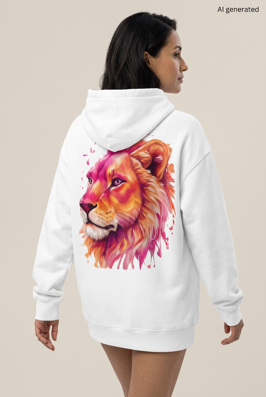 Frau in Rückenansicht mit weißem Oversized-Hoodie und großem Löwenkopf in Pink, Orange und Gold. KI-generiertes Mockup.