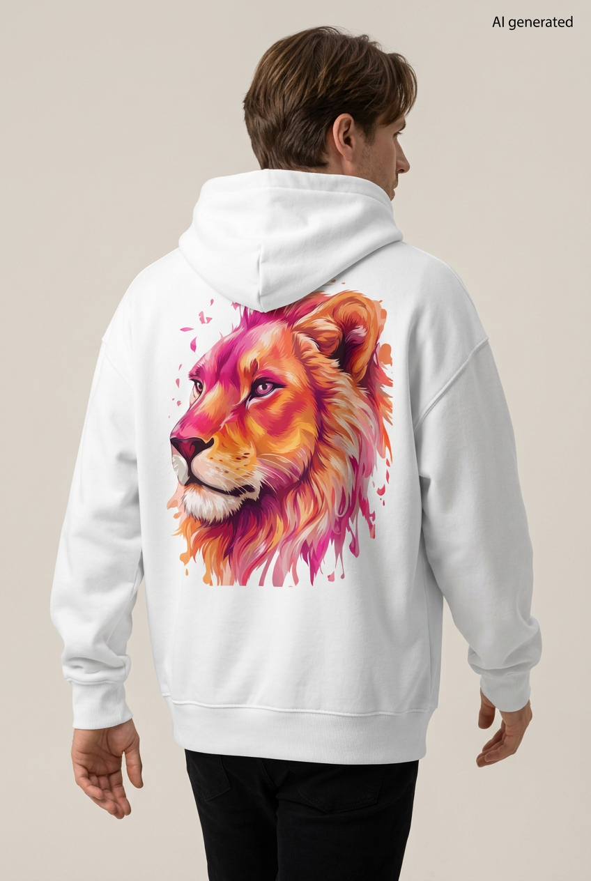 Mann in Rückenansicht mit weißem Oversized-Hoodie und großem Löwenkopf in Pink, Orange und Gold. KI-generiertes Mockup.